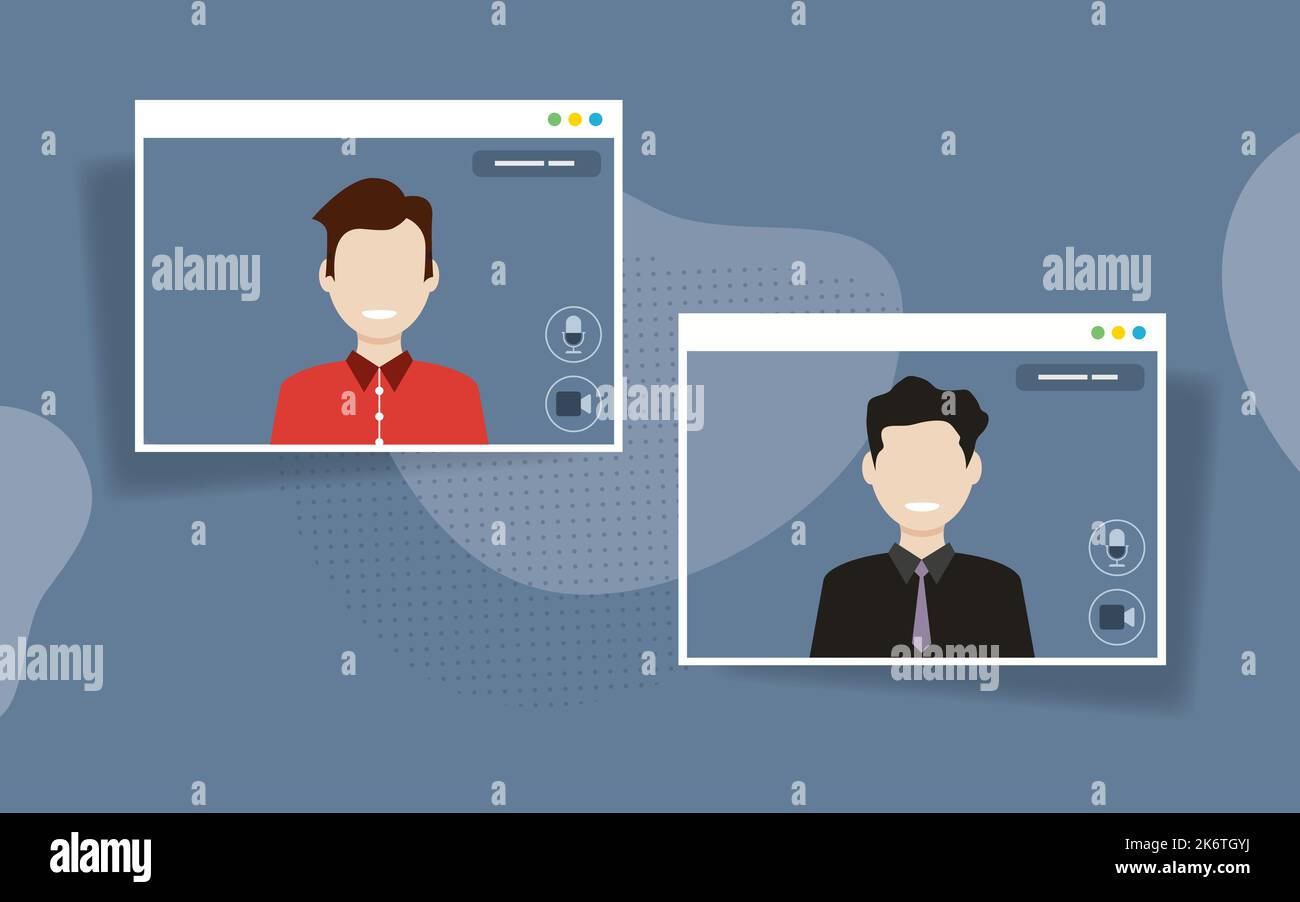 Persone in riunione per videoconferenza che lavorano da casa. Discussioni di lavoro, chat sul Web, incontri online con gli amici in videochiamata. Il gruppo di persone parla Illustrazione Vettoriale
