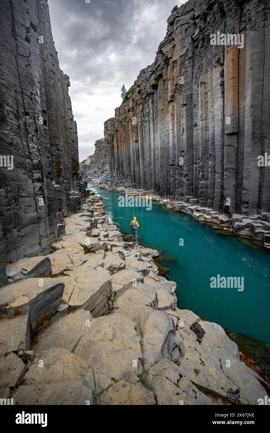 Turistico in piedi vicino al fiume nel canyon di Stuolagil, fiume blu turchese tra le colonne di basalto, Egilsstadir, Islanda Foto Stock