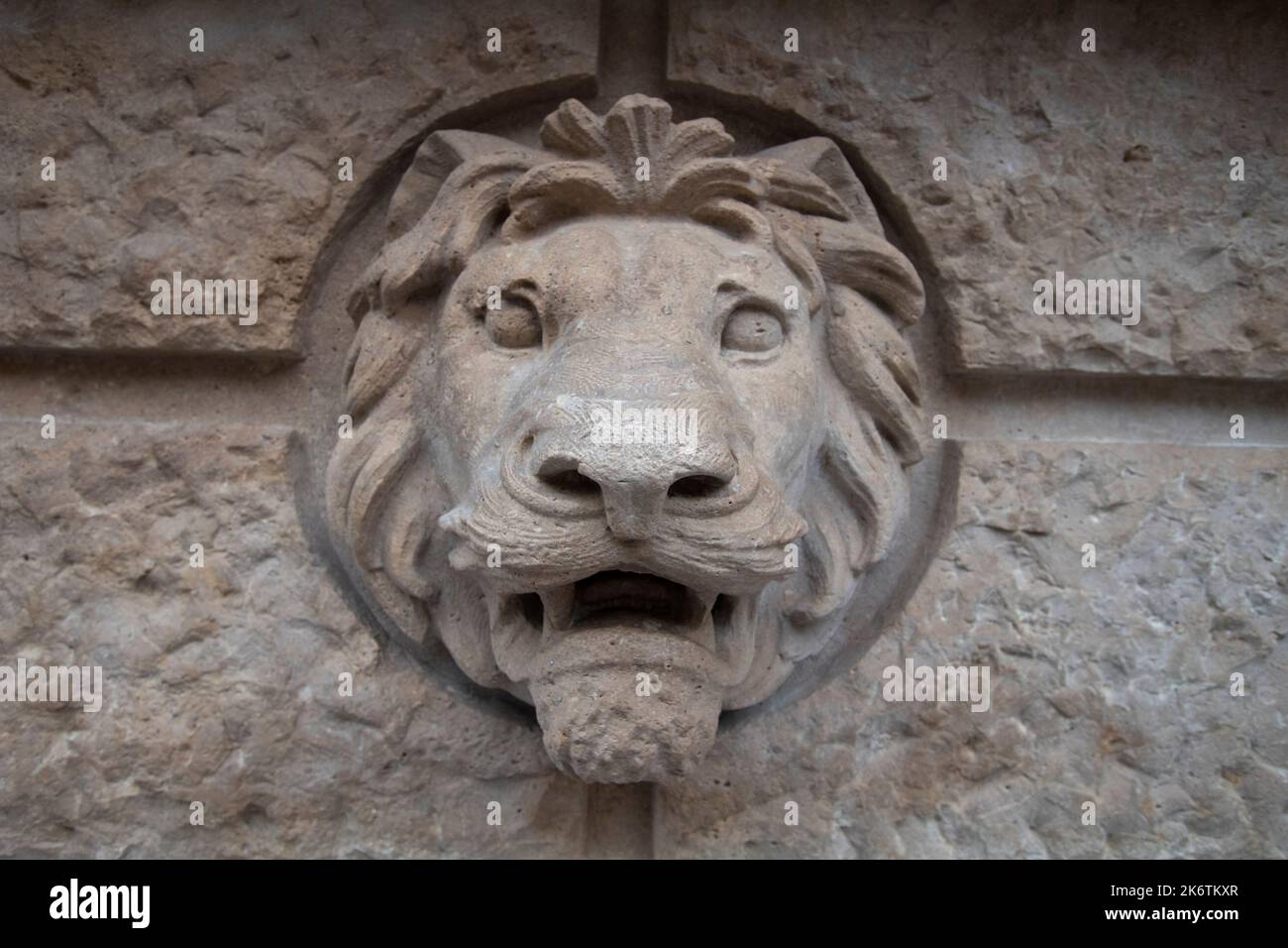 Testa di leone, una piccola scultura in pietra all'esterno di un edificio a Andrássy út Budapest, Ungheria Foto Stock