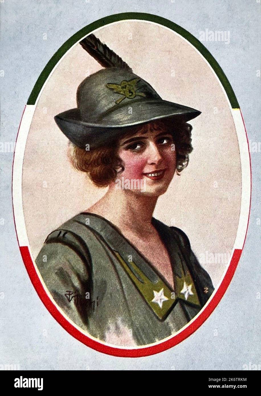 1918 ca., ITALIA : cartolina popolare italiana con una donna vestita con l'uniforme militare ALPINO soldato . Illustratore sconosciuto. - ALPINI - ALPINE - CARTOLINA POSTALE - PRIMA GUERRA Mondiale - WWI - GRANDE GUERRA - GRANDE GUERRA - soldato - soldato - divisa uniforme militare - uniforme militare - ITALIA - RITRATTO - RITRATTO - STORIA - FOTO STORICHE - sorriso - sorriso - archivio GBB Foto Stock