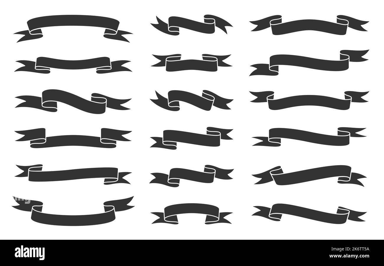 Set piatto a nastro nero. Modello di nastro vintage con grafica vuota. Semplice collezione di nastri retrò. Elegante e moderna striscia vorticosa. Banner intestazione vuoto arricciato, decorazione del titolo, emblema con cornice di testo del badge Illustrazione Vettoriale