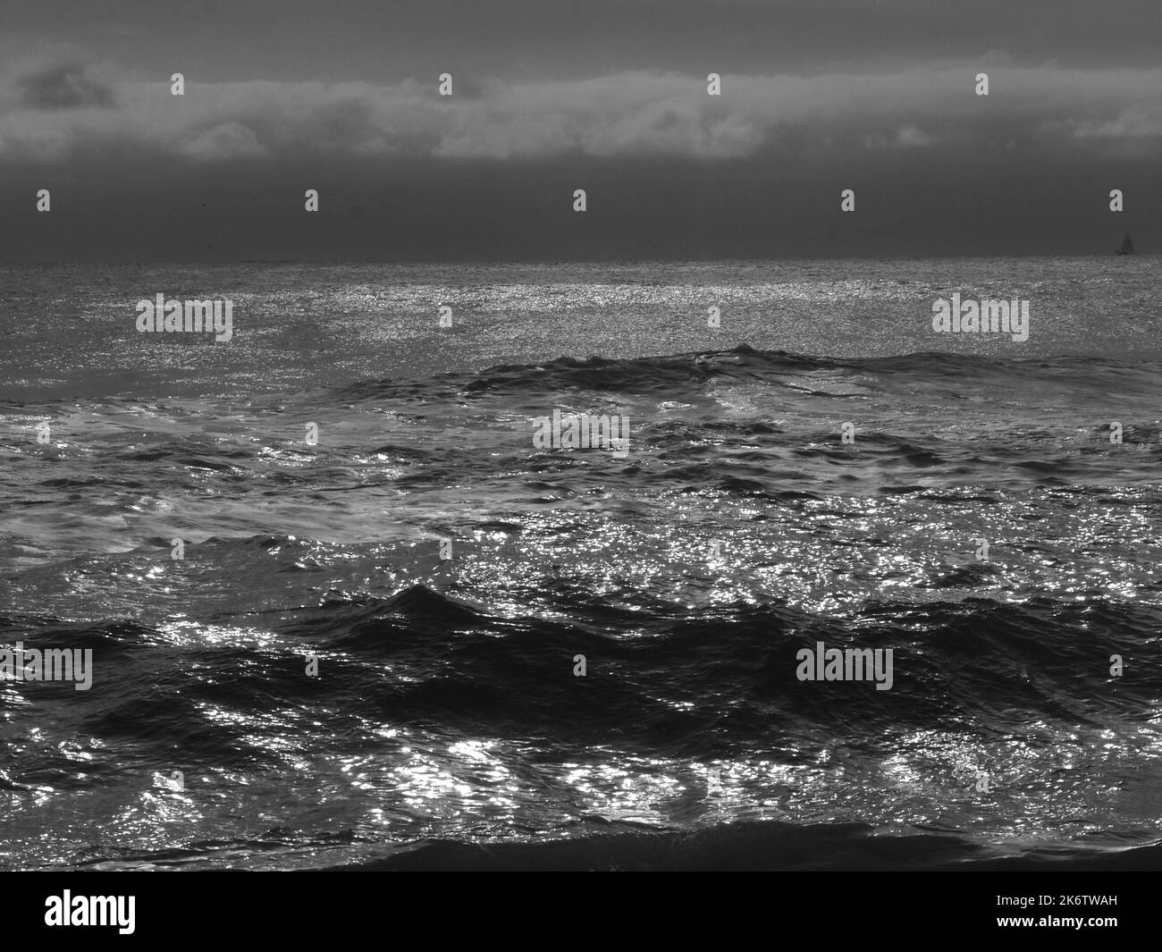 La tempesta ha gettato le onde che si schiantano contro la costa del New Jersey con il vento che soffia le loro cime fuori. Con la retroilluminazione, le forme d'onda appaiono trasparenti. Foto Stock