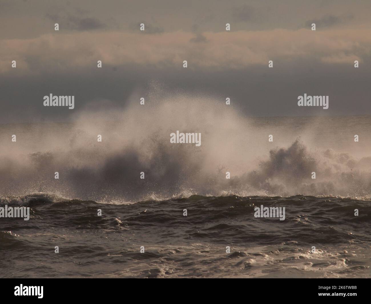 La tempesta ha gettato le onde che si schiantano contro la costa del New Jersey con il vento che soffia le loro cime fuori. Con la retroilluminazione, le forme d'onda appaiono trasparenti. Foto Stock