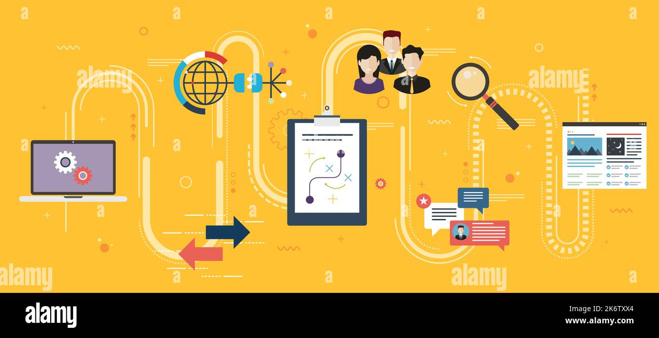 La strategia di marketing, pubblicità e business. Il lavoro di squadra, comunicazione e icone di business. Strategia di marketing e di pubblicità banner internet concept Illustrazione Vettoriale