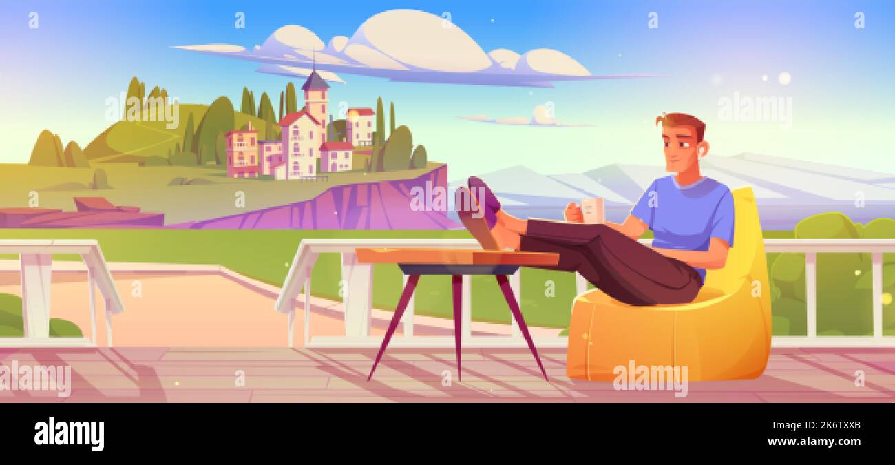 Uomo riposo sulla terrazza casa in legno con vista sull'isola mediterranea con case e alberi. Paesaggio estivo con persona con tazza seduta in sacchetto di fagioli ch Illustrazione Vettoriale