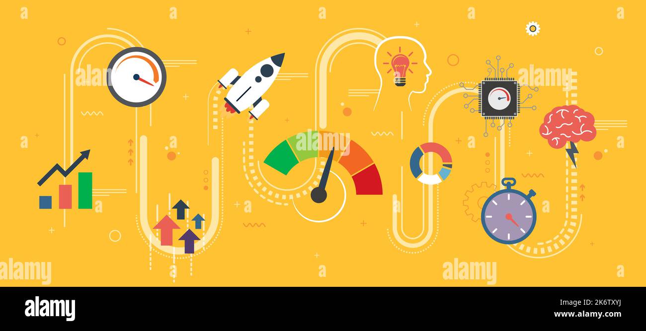 Le prestazioni e l'efficienza, la crescita del business e la velocità per il successo di avvio o il nuovo business. Aumento delle finanze. Banner Internet concetto in appartamento Illustrazione Vettoriale