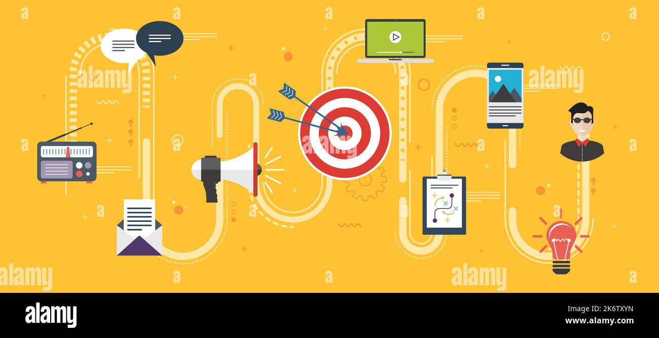 Business marketing, promozione, pubblicità e strategia.la pubblicità e il marketing comunicazione icone.di pubblicità e promozione in internet il concetto di banner Illustrazione Vettoriale