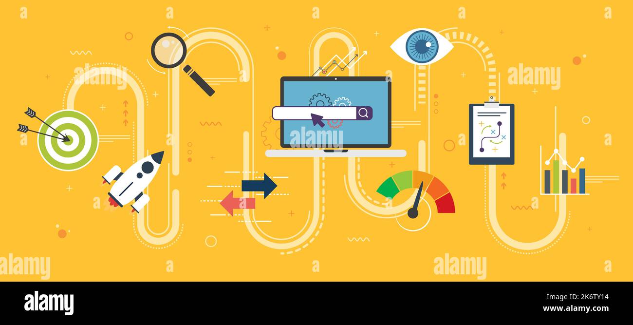 Icona vettoriale dell'ottimizzazione dei motori di ricerca in nuove attività, performance ed efficienza, strategia e innovazione, investimenti e successo. Design piatto per Illustrazione Vettoriale