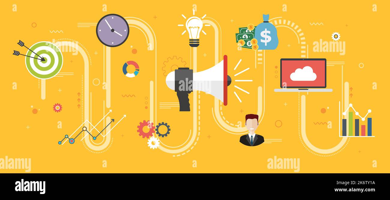 Gestione e annuncio sulla strategia e la crescita del business.avviso o bando, la promozione di un prodotto e la crescita, servizio o evento e icone di business. Illustrazione Vettoriale