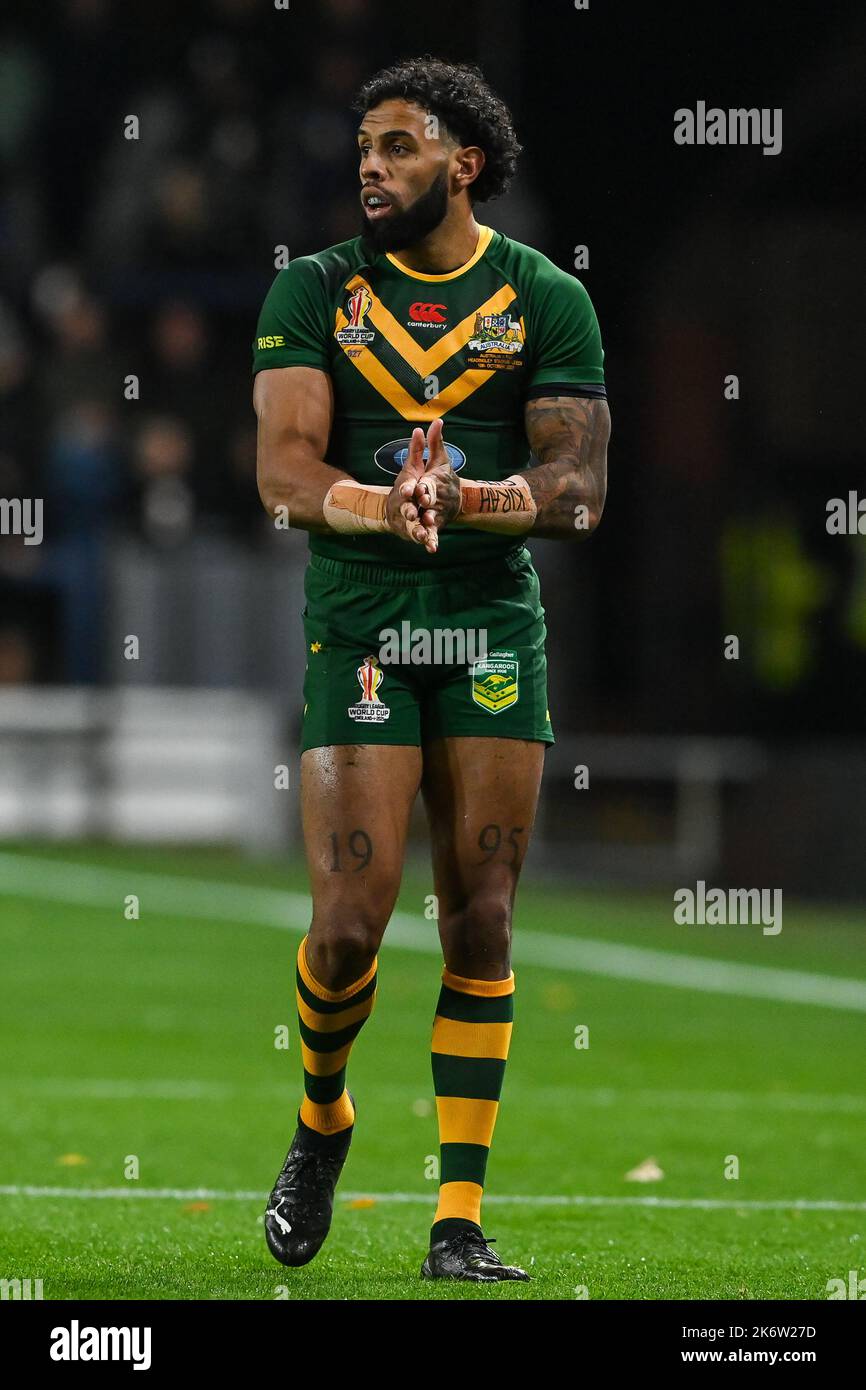 Josh Addo-Carr of Australia durante la partita di Coppa del mondo di rugby 2021 Australia vs Figi all'Headingley Stadium, Leeds, Regno Unito, 15th ottobre 2022 (Photo by Craig Thomas/News Images) Foto Stock