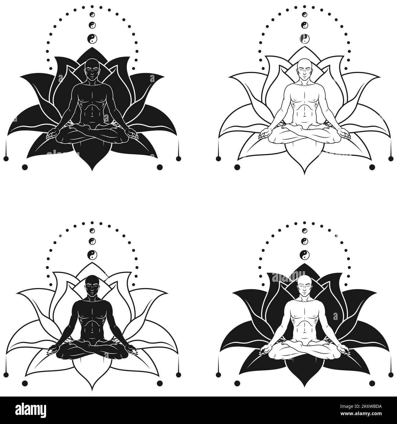 Disegno vettoriale dell'uomo meditando in posizione del loto, dell'uomo che fa yoga e del fiore del loto sullo sfondo Illustrazione Vettoriale