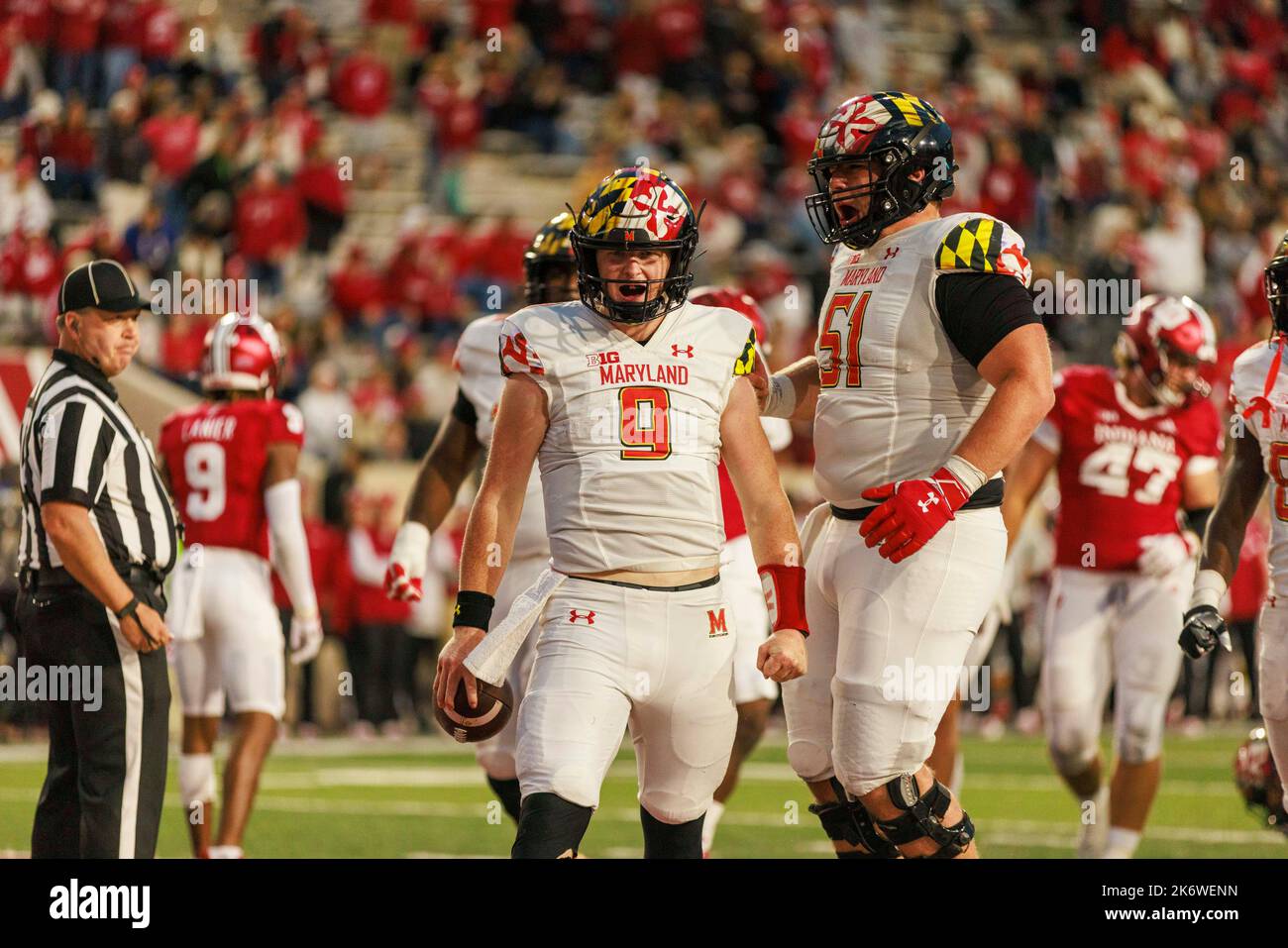 Bloomington, Stati Uniti. 15th Ott 2022. Il quartback del Maryland Terrapins Billy Edwards Jr. (9) segna un touchdown contro l'Indiana University durante una partita di football dell'università NCAA al Memorial Stadium. Il Maryland batte l'Indiana 38-33. (Foto di Jeremy Hogan/SOPA Images/Sipa USA) Credit: Sipa USA/Alamy Live News Foto Stock