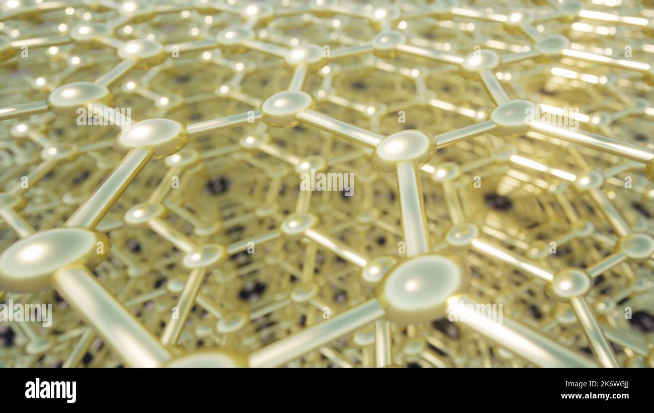 Gold Graphene Cell Structure Science background Connection Concept rendering 3D Foto Stock