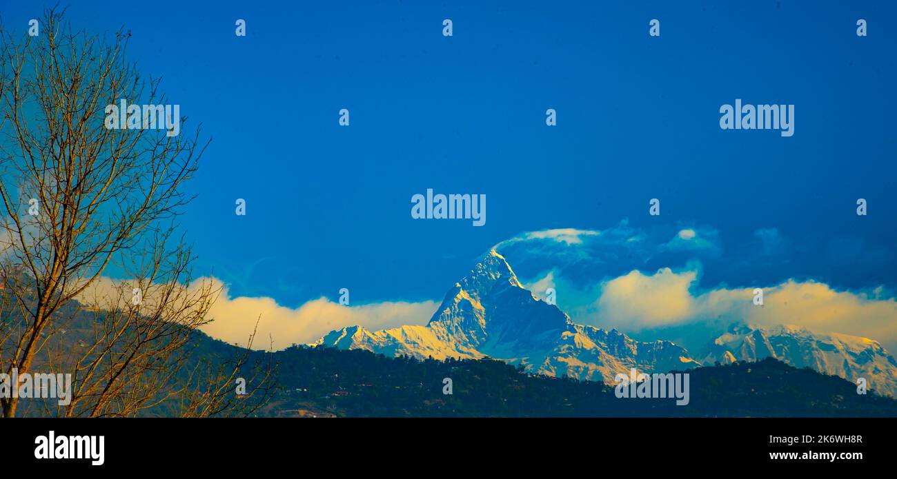 Machapuchare, Machhapuchhre o Machhapuchhre (da nepalese माछापुच्छ्रे 'coda di pesce', Tamu: कतासुँ क्लिको), è una montagna situata nella Annapurna ma Foto Stock