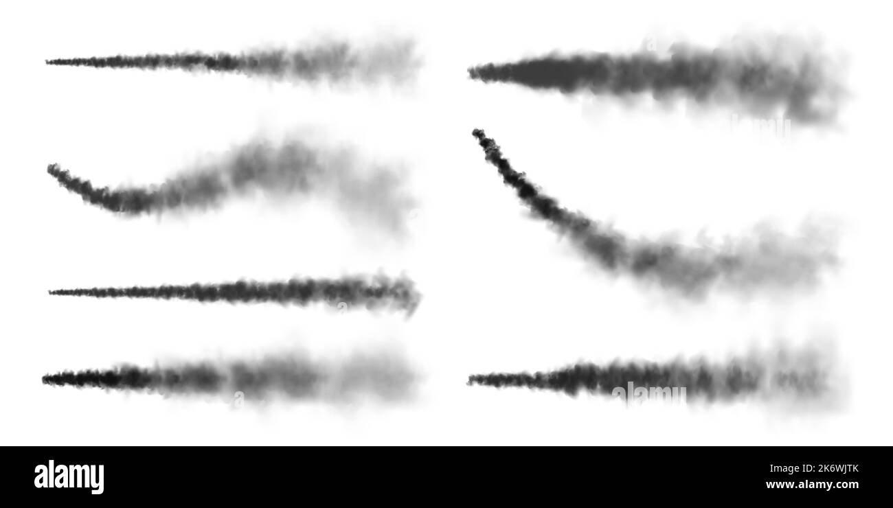 Missile realistico o bullet trail. Piste di condensazione di aerei, piste di aerei a reazione. Lancio del razzo spaziale. Nubi di fumo nero, esplosione. Flusso di vapore Illustrazione Vettoriale