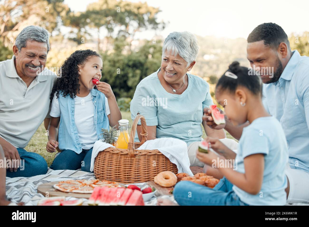 La famiglia è la musica che porta armonia. una famiglia che si gode un pic-nic in un parco. Foto Stock