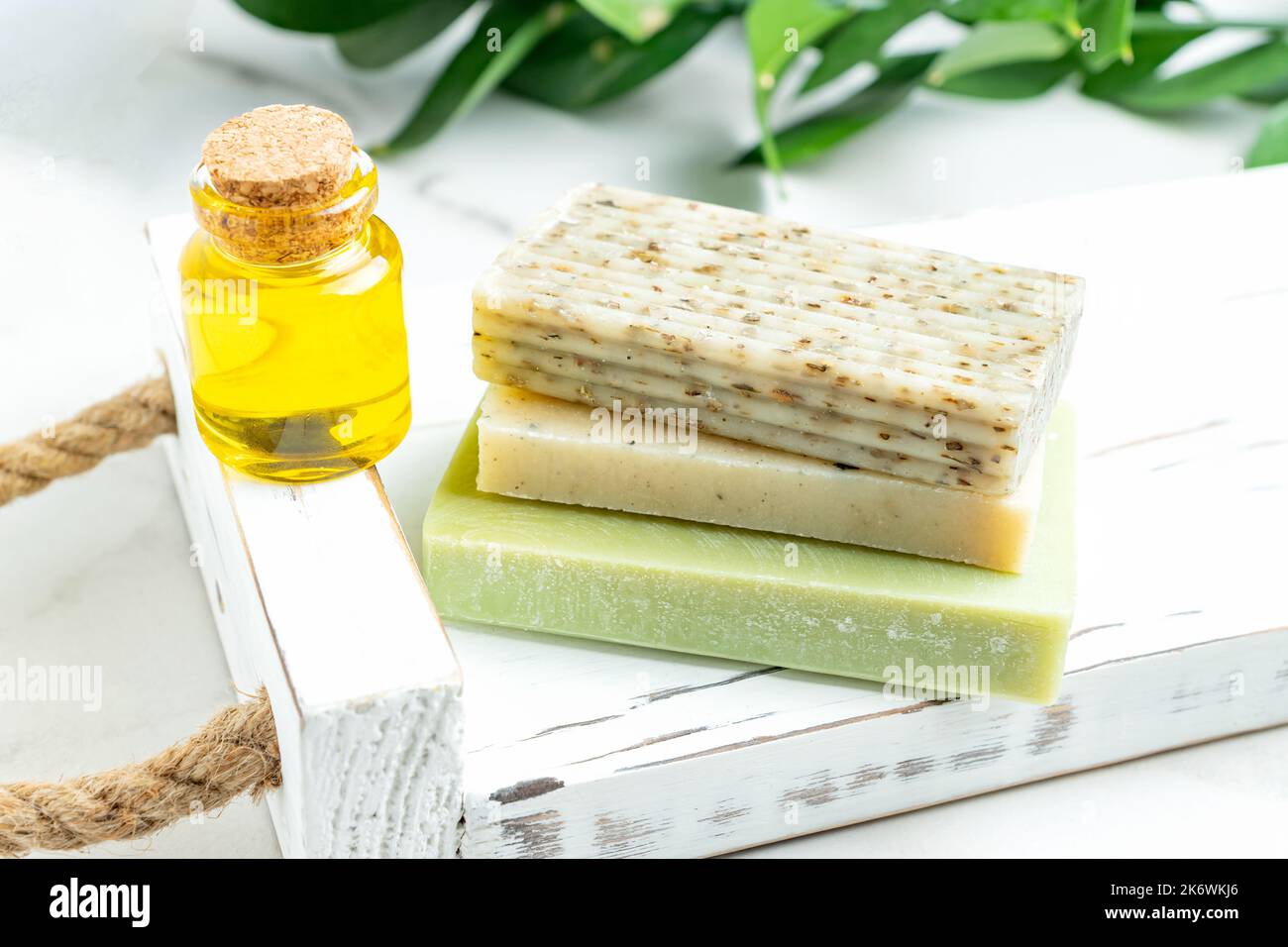 Saponette naturali con estratti di erbe ingredienti su vassoio di legno bianco Concetto di cura della pelle Foto Stock