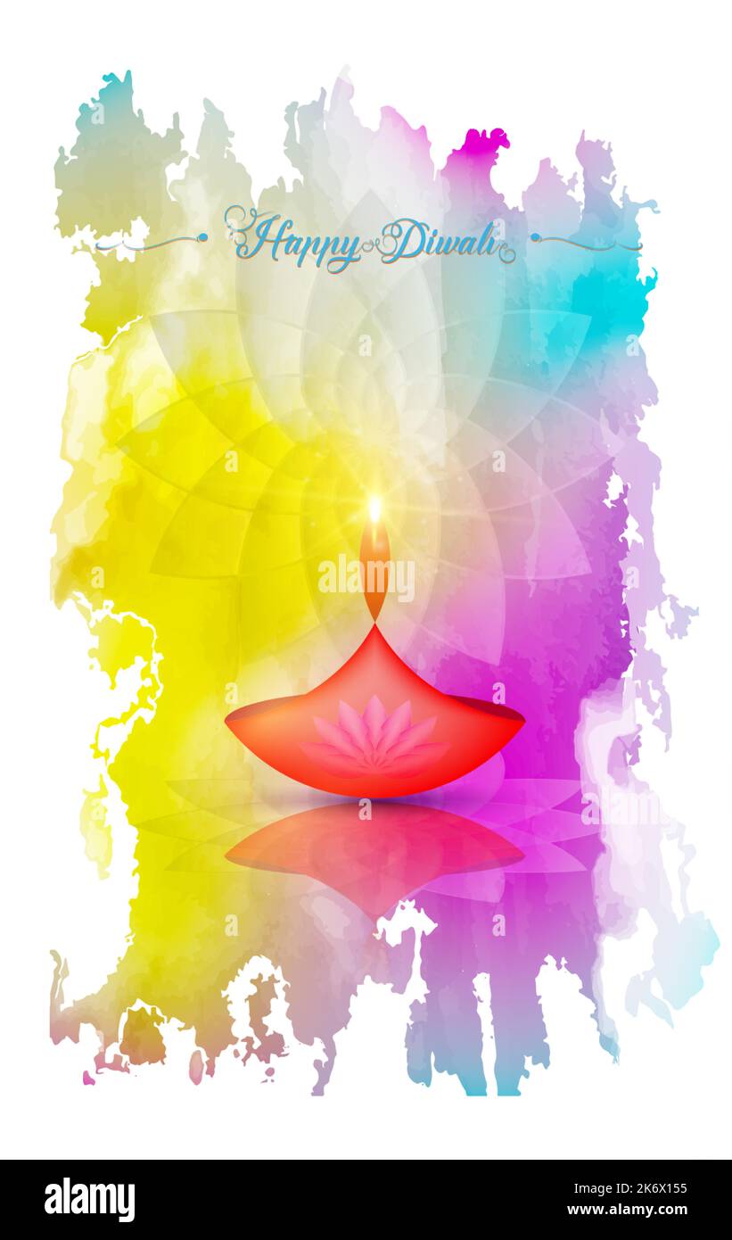 Felice Diwali Festival di luci India Celebration modello colorato. Banner grafico di Indian Lotus Diya Oil Lamp, moderno watercolor Design Illustrazione Vettoriale