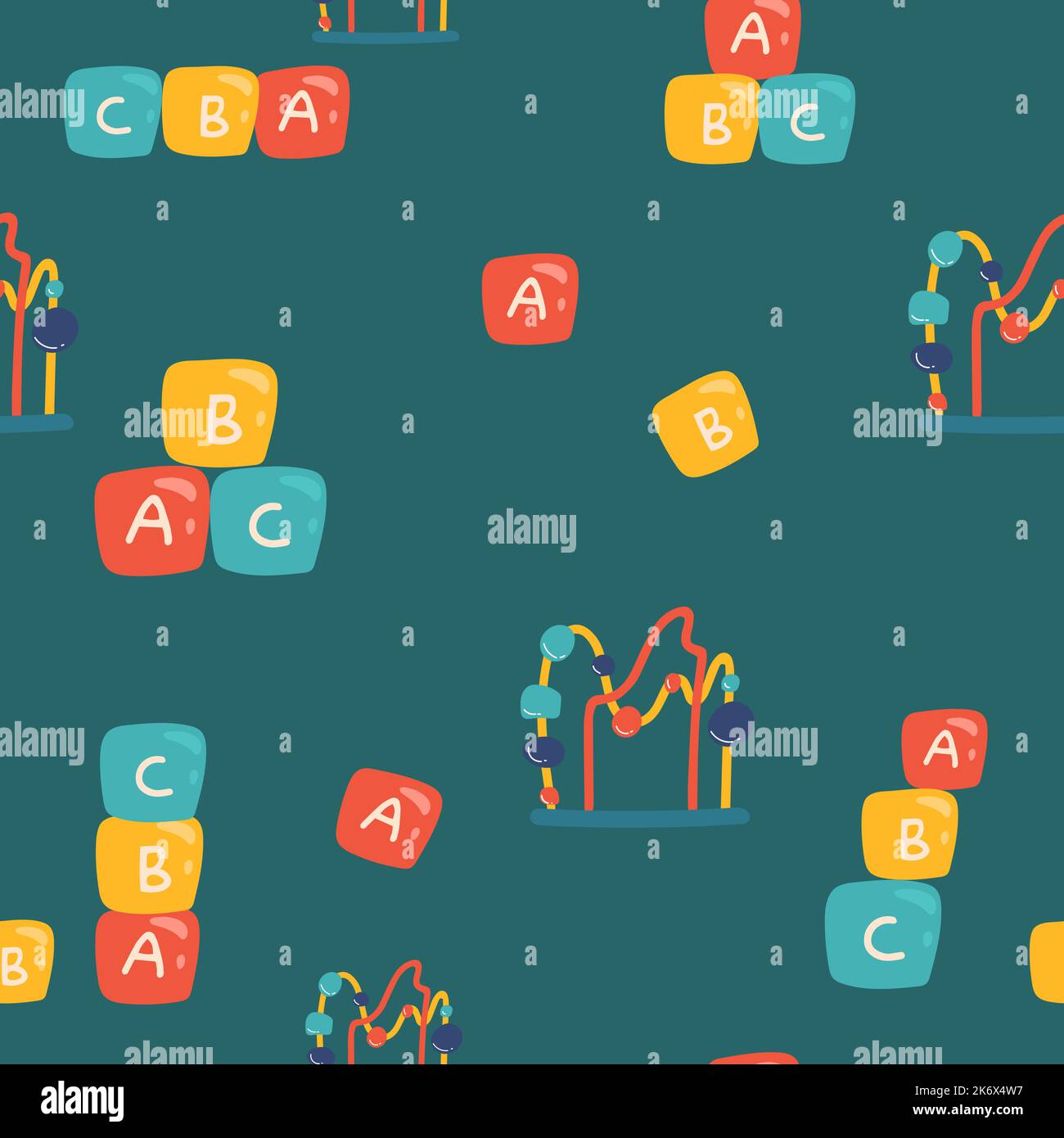 Giocattoli per bambini motivo colorato senza cuciture. cubi abs, puzzle, cartoni animati, giocattoli disegnati a mano. Giochi educativi per bambini concetto. Sfondo per stampa, tessuto Illustrazione Vettoriale