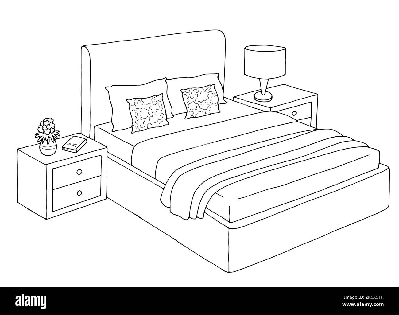 Grafica camera da letto nero bianco isolato mobili schizzo vettore di illustrazione Illustrazione Vettoriale