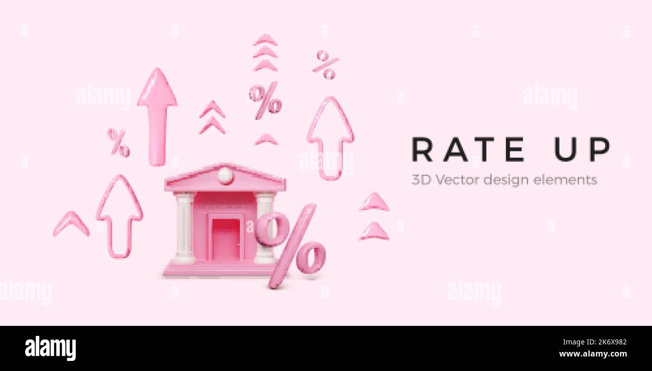 Rosa banca con simbolo di interesse e freccia in alto in 3D stile realistico. Eseguire il rendering dell'oggetto business per il banner. Aumentare i guadagni con successo operazione finanziaria Illustrazione Vettoriale
