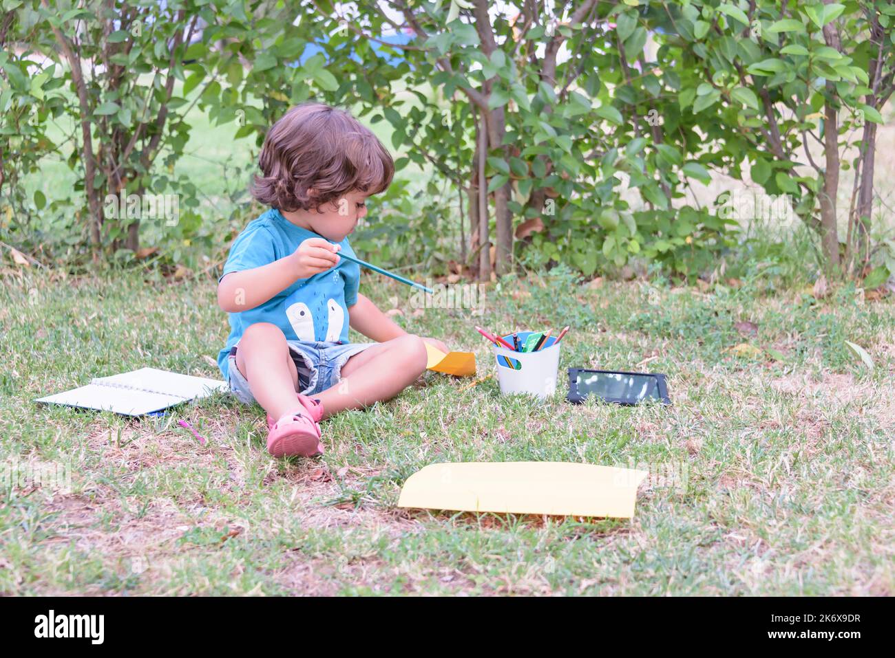 Ragazzo carino che fa i compiti adagiato sull'erba. Bambini che leggono un libro nel parco estivo. Concetto di apprendimento, studio, all'aperto nel parco per bambini. Foto Stock