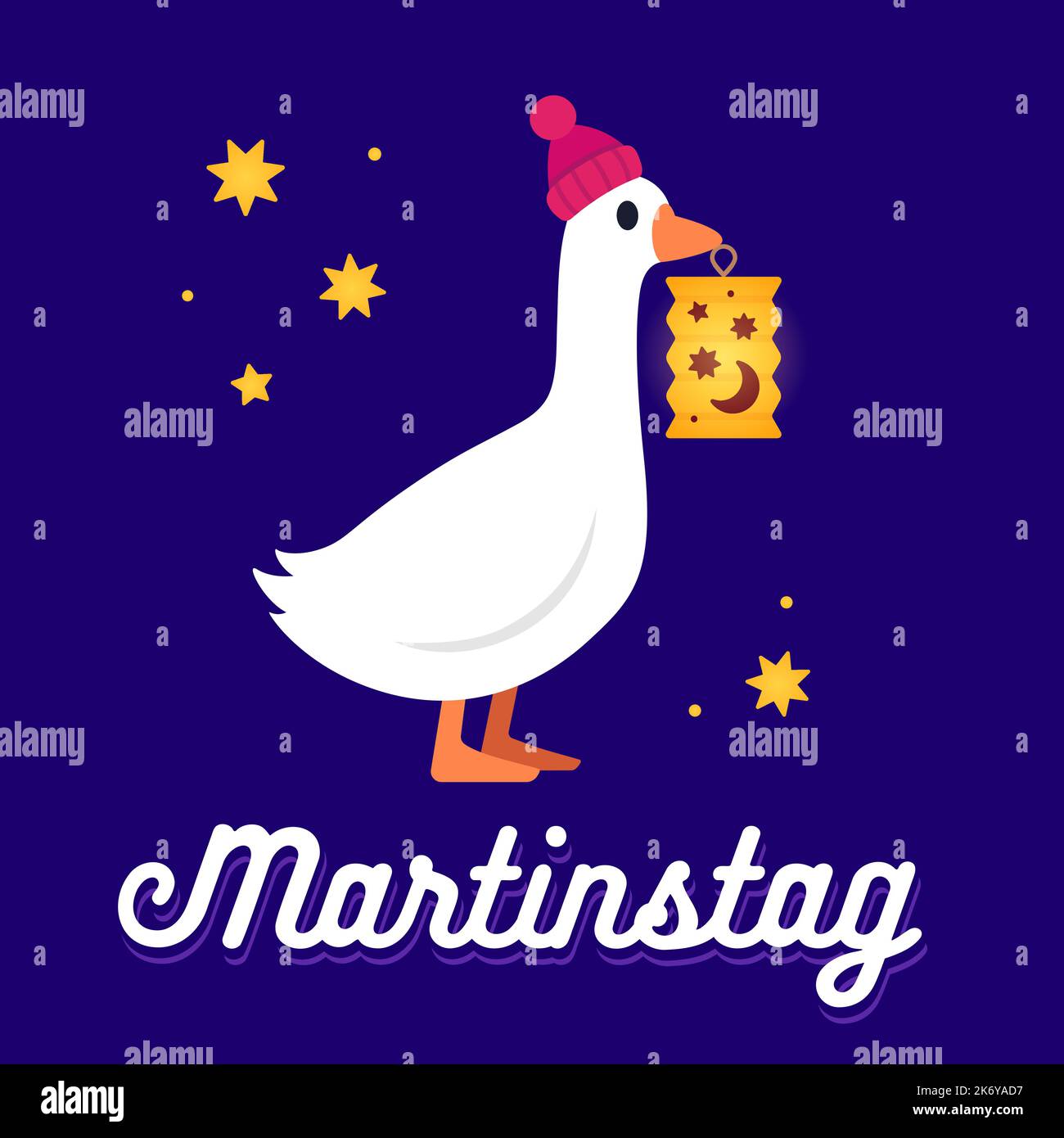 Martinstag (giorno di San Martino) biglietto di auguri per le vacanze. Carino cartone animato goose che tiene lanterna di carta. Illustrazione della clip vettoriale. Illustrazione Vettoriale