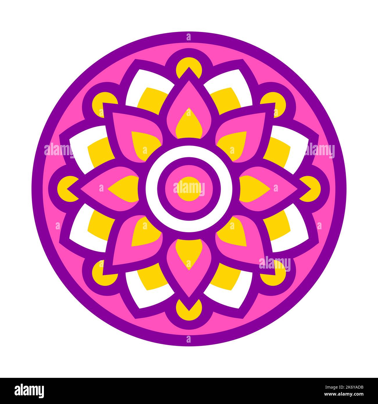 Semplice mandala floreale geometrica in colori luminosi, ornamento circolare. Disegno del logo vettoriale, illustrazione della clip art isolata. Illustrazione Vettoriale