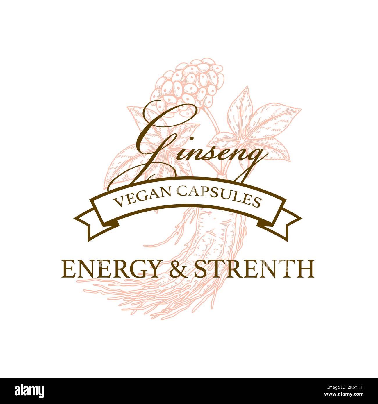 Logo ginseng vintage disegnato a mano. Illustrazione del vettore botanico nello stile di schizzo. Stampa confezionamento piante medicinali Illustrazione Vettoriale