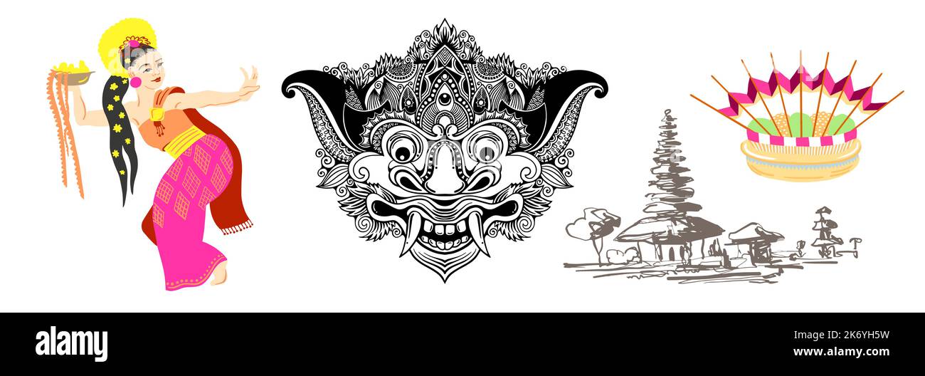 Set di simboli balinesi - barong, ballerino, pagoda e offerte Illustrazione Vettoriale