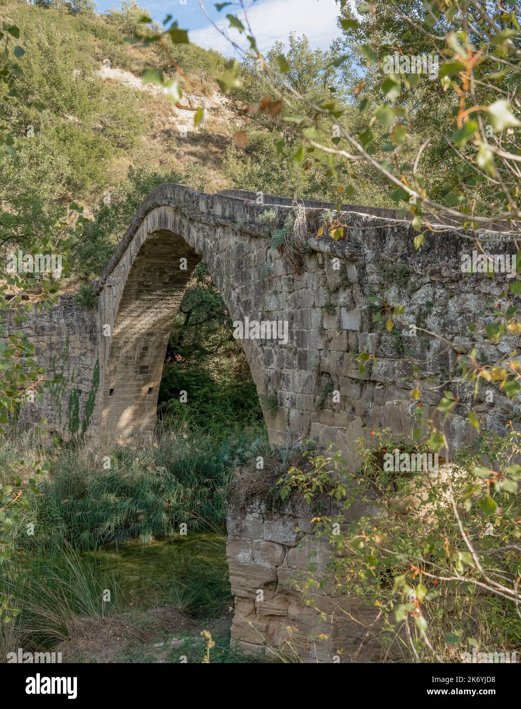 Un ponte a piedi in pietra ad arco a punta di epoca medievale in Spagna Foto Stock