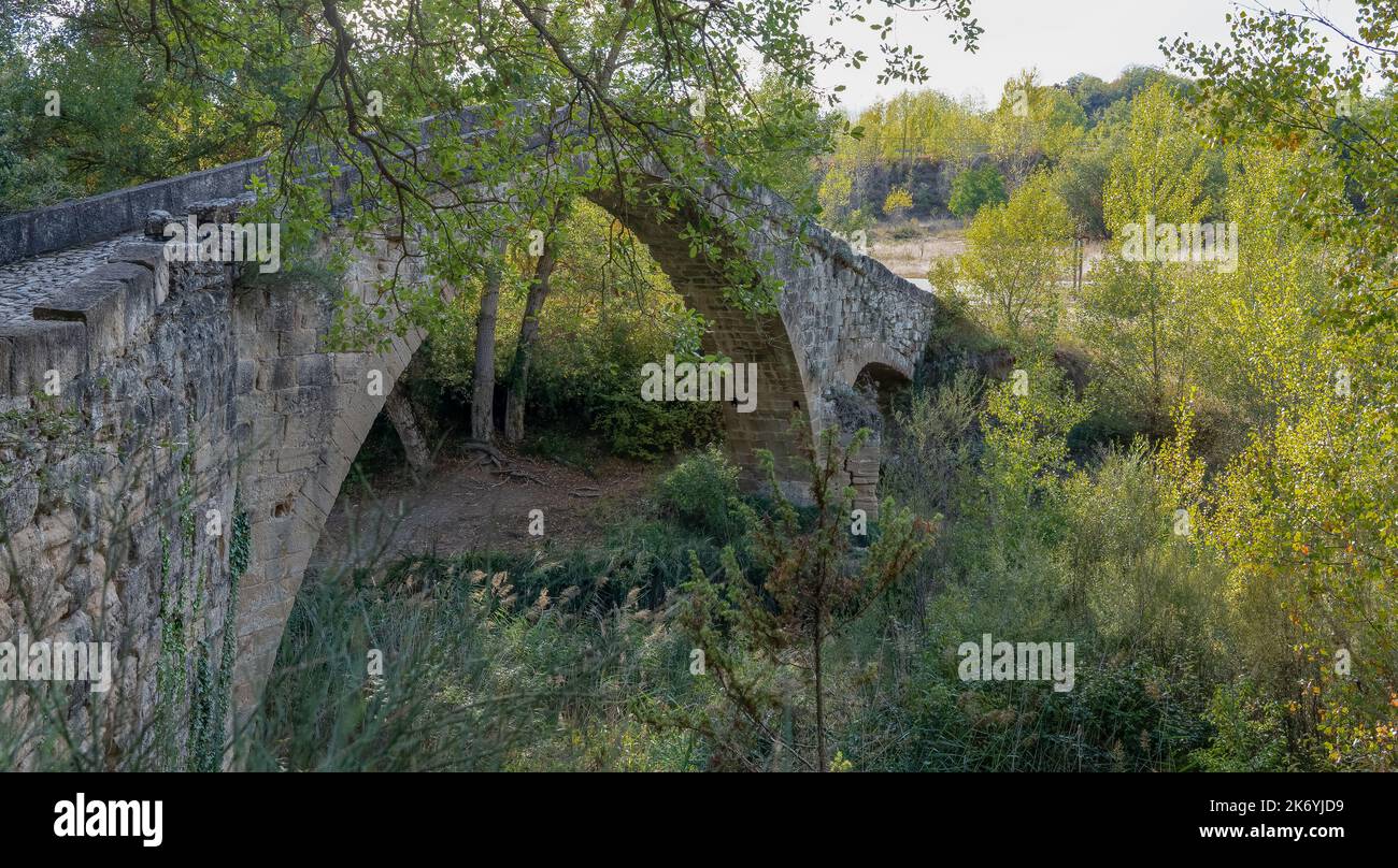 Un ponte a piedi in pietra ad arco a punta di epoca medievale in Spagna Foto Stock