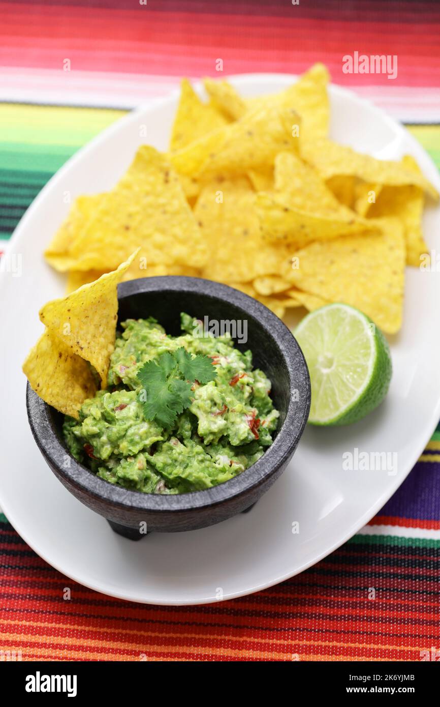 Guacamole fatta in casa con patatine di tortilla, antipasto messicano Foto Stock