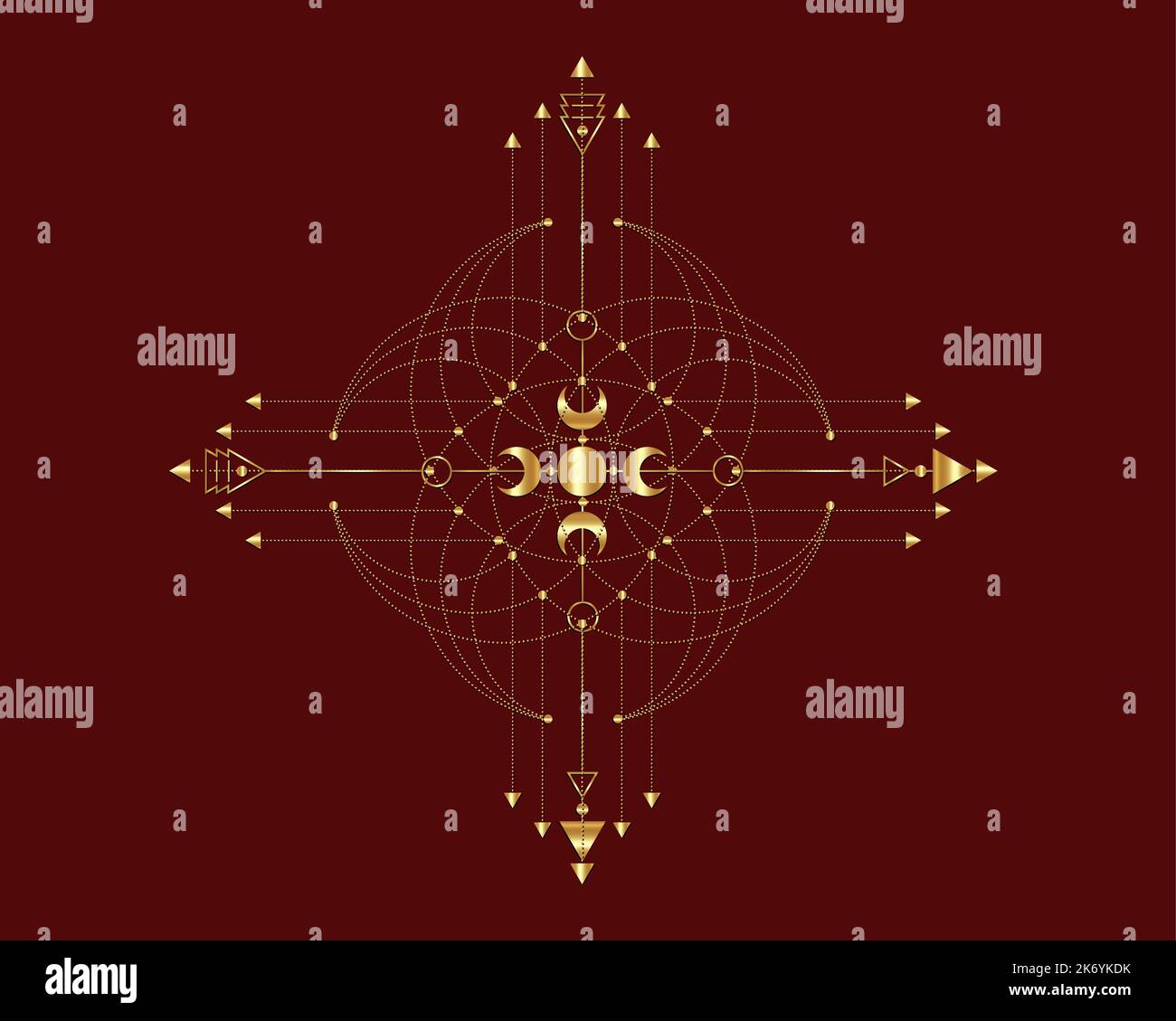 Croce d'oro, geometria Sacra, frecce mistiche e luna crescente, linee punteggiate d'oro in stile boho, icona di wiccan, segno magico mistico esoterico alchimia Illustrazione Vettoriale