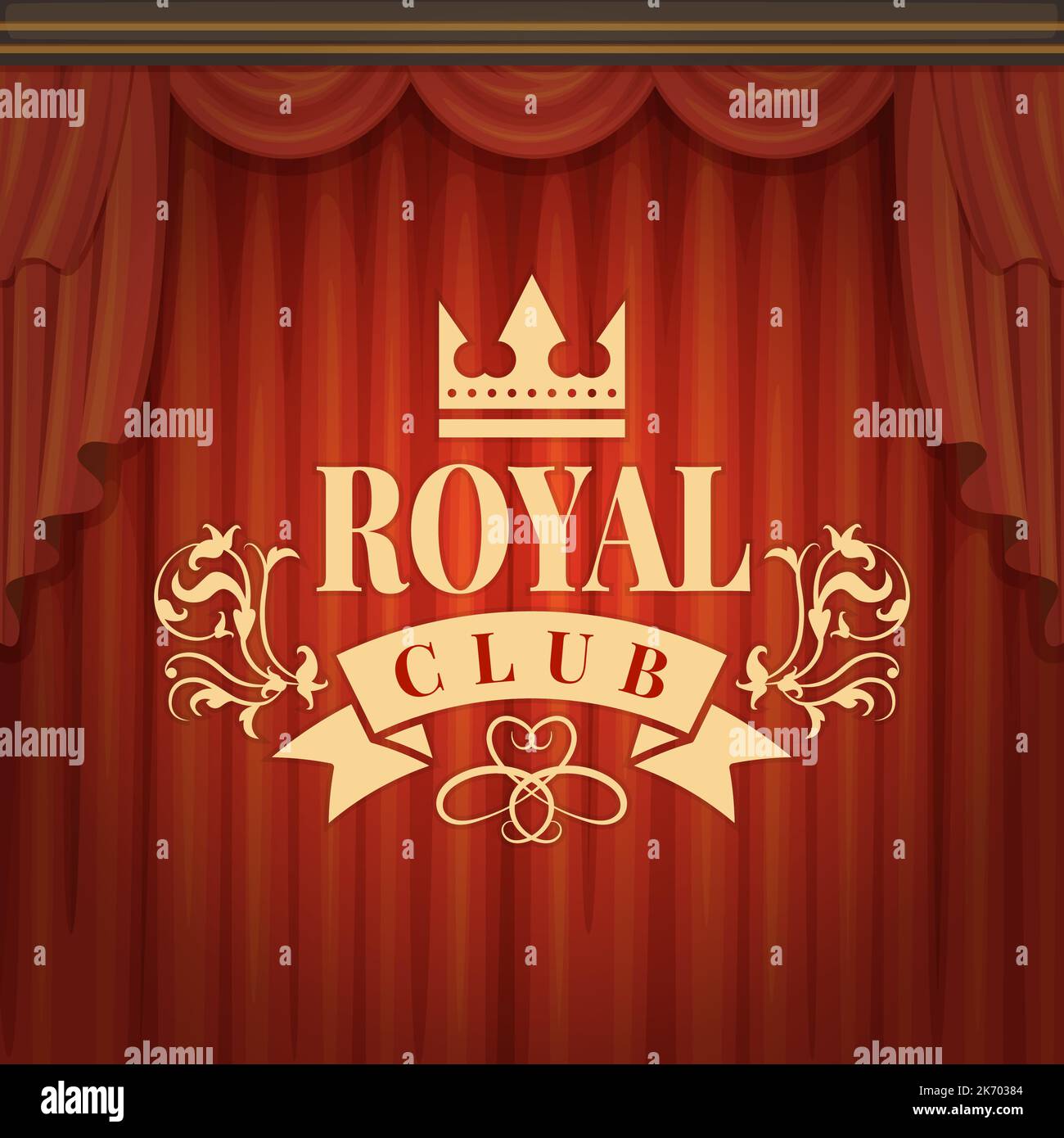 Sfondo reale. modello di lusso con etichetta dorata su tende teatrali rosse. modello vettore Illustrazione Vettoriale
