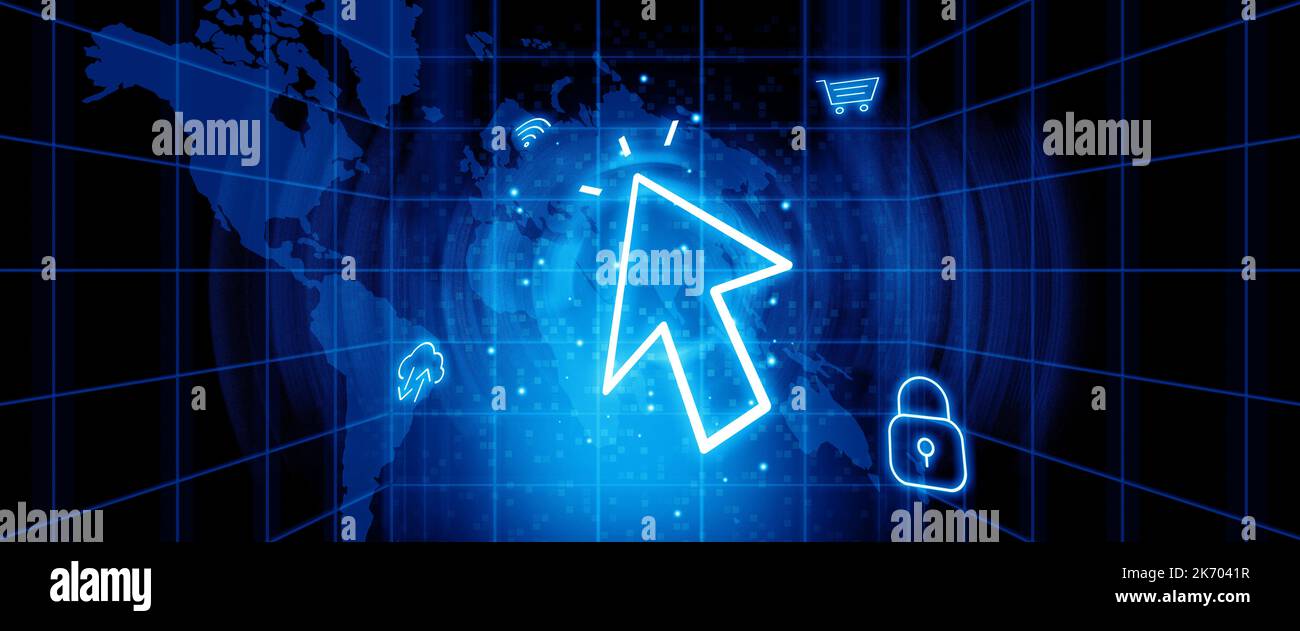 Il concetto di lavorare su Internet. Molti servizi come lo shopping online, la sicurezza. Globalizzazione sul web. Foto Stock