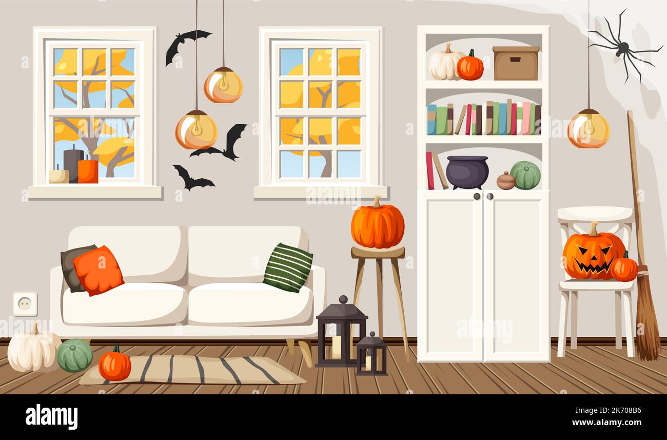 Soggiorno decorato per Halloween. Interni moderni di Halloween. Illustrazione di cartoni animati vettoriali Illustrazione Vettoriale