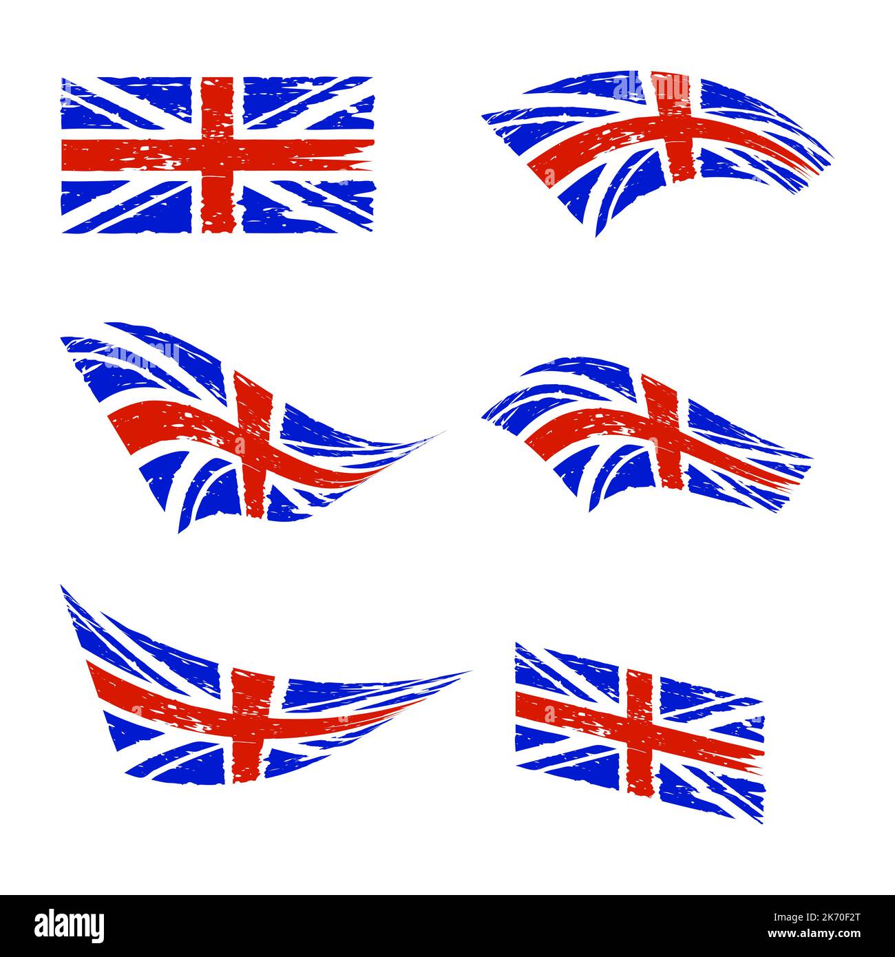 Bandiera del Regno Unito ondulata impostata. Rosso e blu storto bandiera inglese grunge. Isolato su sfondo bianco. Illustrazione vettoriale. Illustrazione Vettoriale