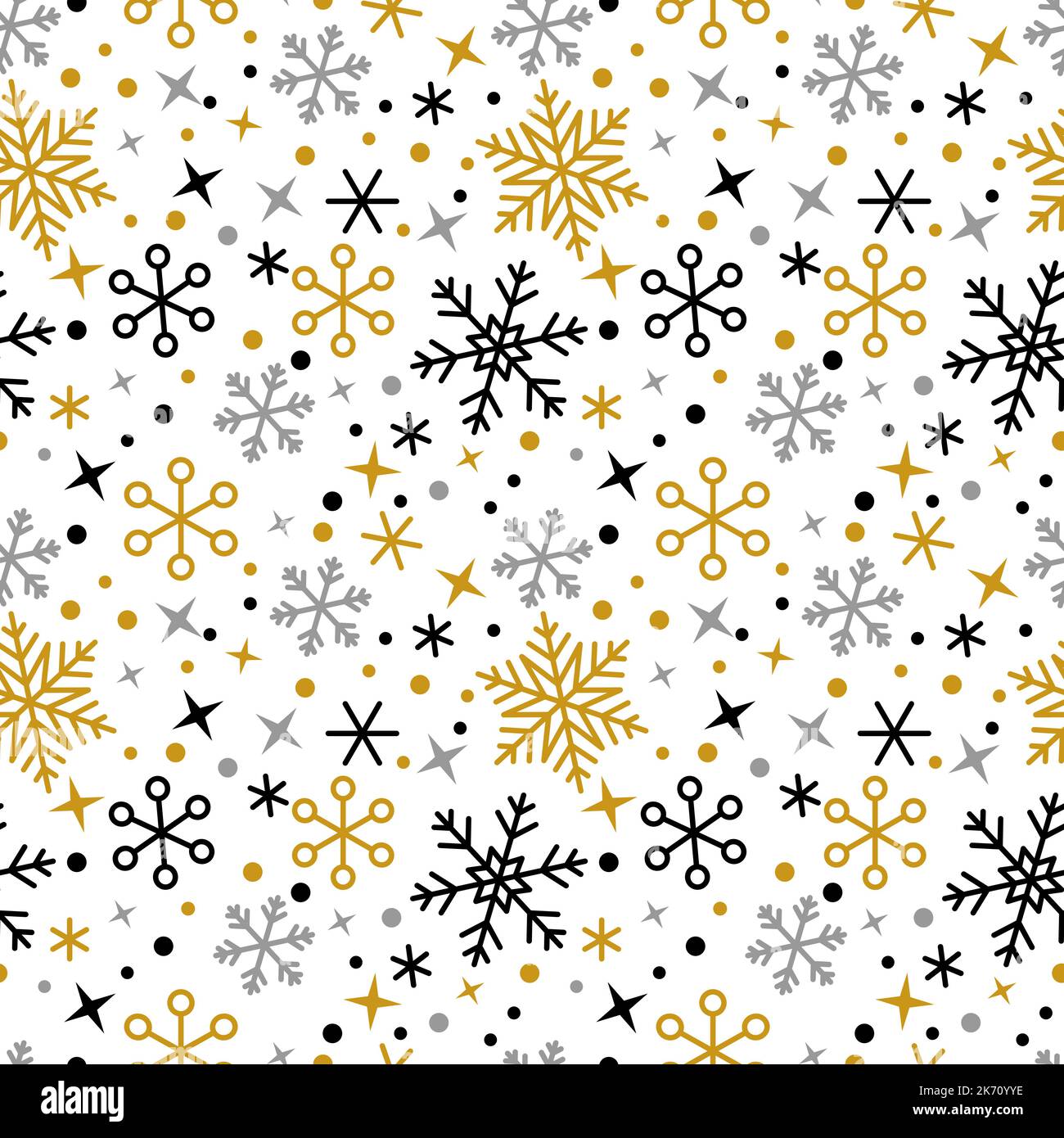 Motivo lineare senza cuciture in oro nero con fiocco di neve. Inverno sfondo stella di ghiaccio ornato. Fiocchi di neve ornamento ripetizione. Carta da parati, stampa in tessuto, carta da parati. Frosty Natale Capodanno legatura Illustrazione Vettoriale