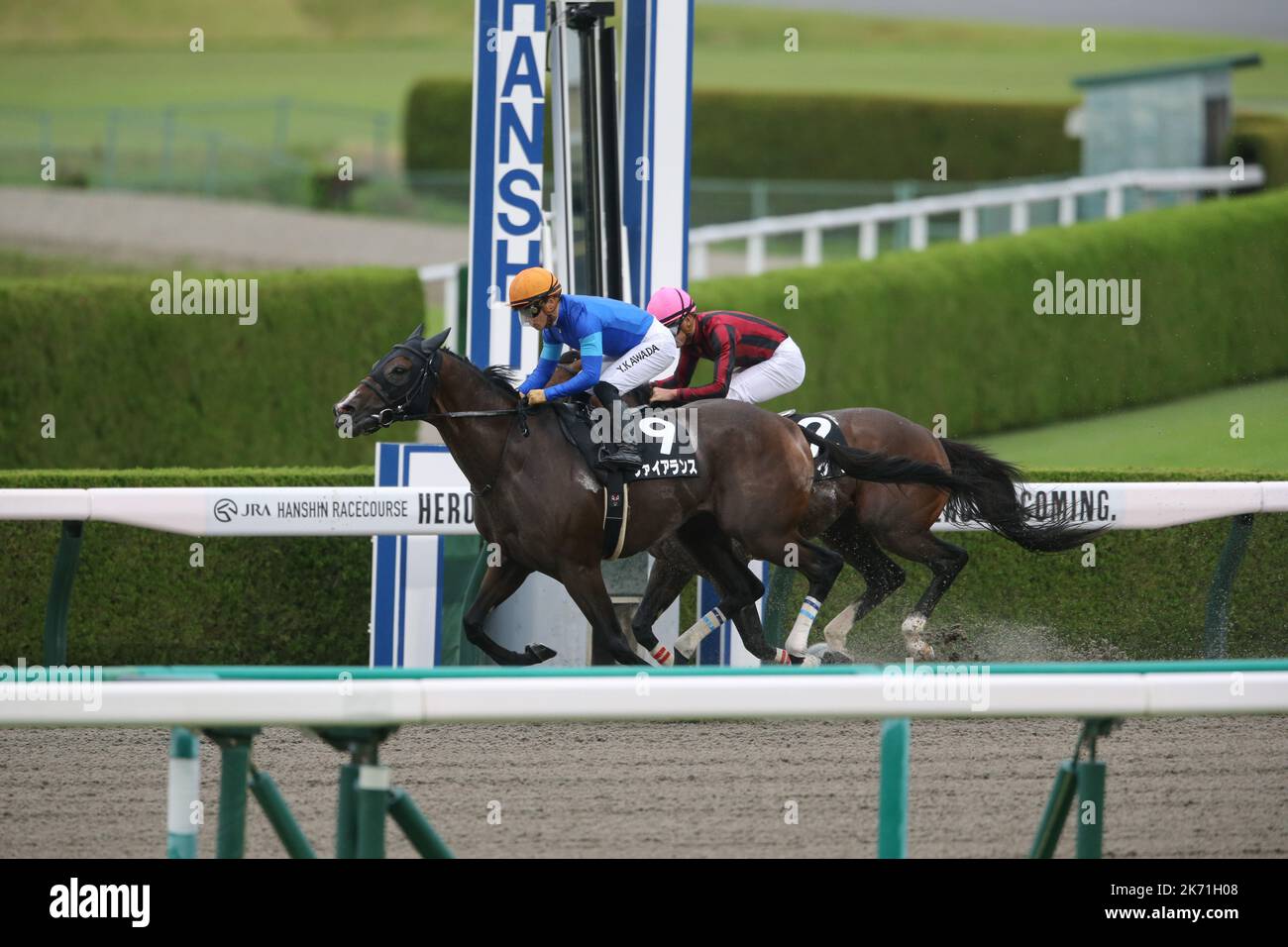Hyogo, Giappone. 10th Ott 2022. La lancia del fuoco e Yuga Kawada vincono i Banshu Stakes di Hanshin 10R all'ippodromo di Hanshin a Hyogo, Giappone, 10 ottobre 2022. Credit: Eiichi Yamane/AFLO/Alamy Live News Foto Stock