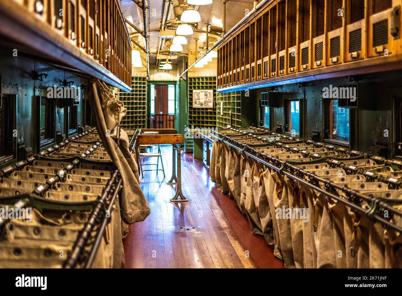 All'interno di un treno per posta utilizzato per trasportare la posta attraverso gli Stati Uniti Foto Stock