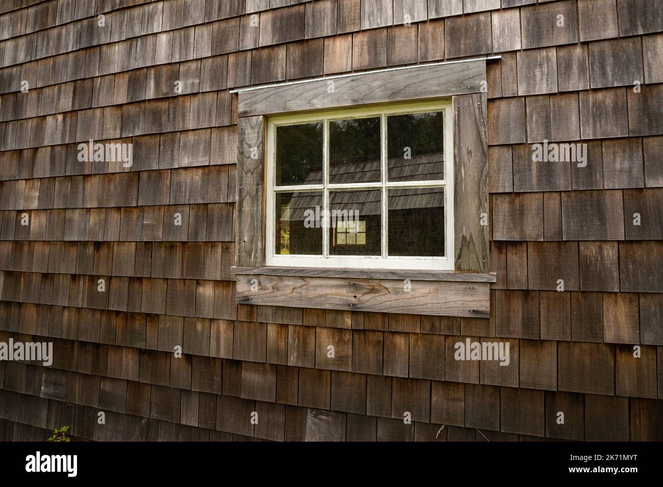 WA22284-00...WASHINGTON - Outbuilding che si riflette in una finestra della storica casa di Kestner nella foresta pluviale di Quinault del Parco Nazionale Olimpico. Foto Stock