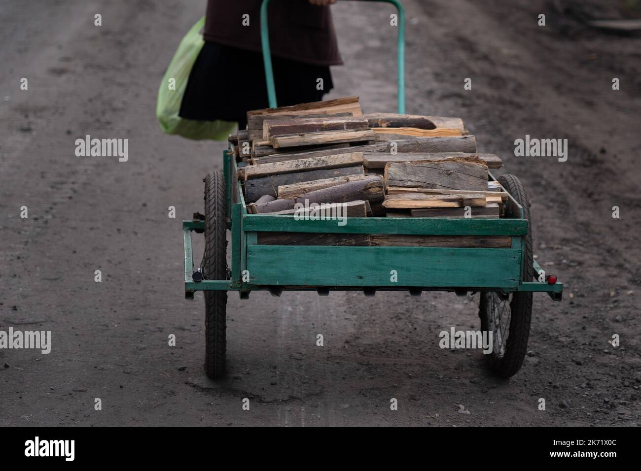 Lyman, Ucraina. 14th Ott 2022. Un residente di Lyman visto tirare un carrello di tronchi. Nonostante siano stati liberati altri insediamenti nell'Ucraina orientale, molte grandi infrastrutture sono ancora danneggiate a causa della guerra. I residenti di Lyman vivono senza elettricità, gas e acqua corrente. Le autorità non sono certo di poter ripristinare questi servizi nel prossimo futuro. Mentre alcuni residenti si preoccupano mentre l'inverno si avvicina e hanno iniziato a raccogliere legna da ardere, alcuni hanno deciso di essere evacuati in alcune città vicine con infrastrutture migliori. (Credit Image: © Ashley Chan/SOPA Images via ZUMA Press Wire) Foto Stock