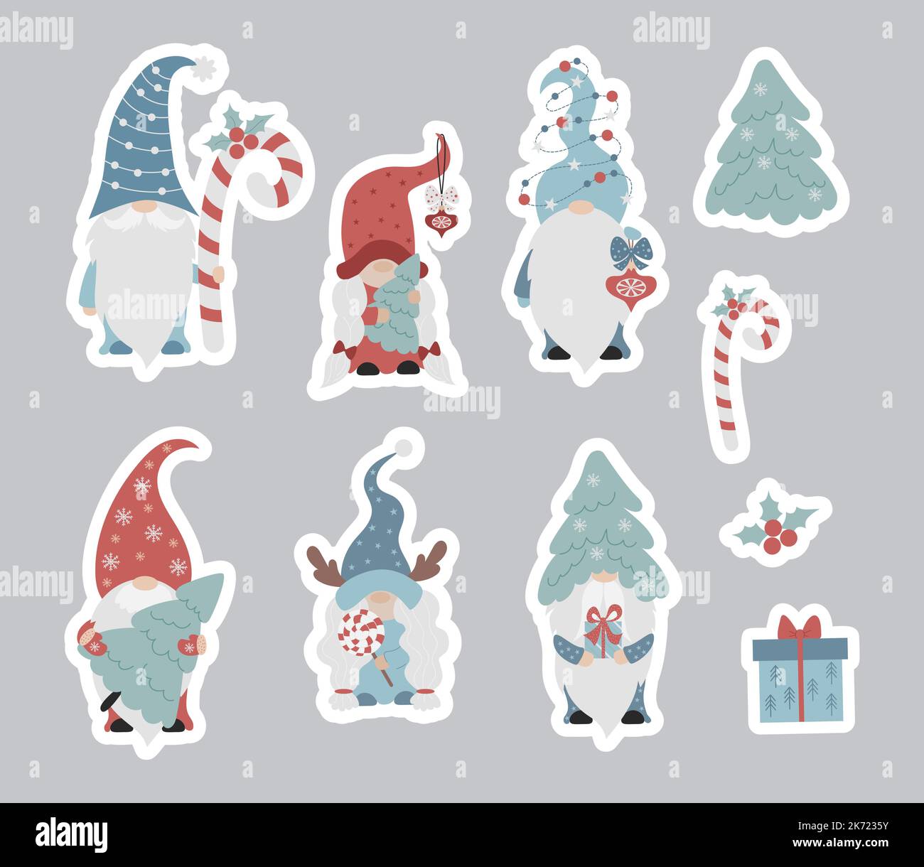 Adesivi famiglia gnomes Natale. Collezione Gnomes scandinavo con albero di Natale, bastone caramello, regalo e Capodanno gnoma ragazza con lollipop Illustrazione Vettoriale