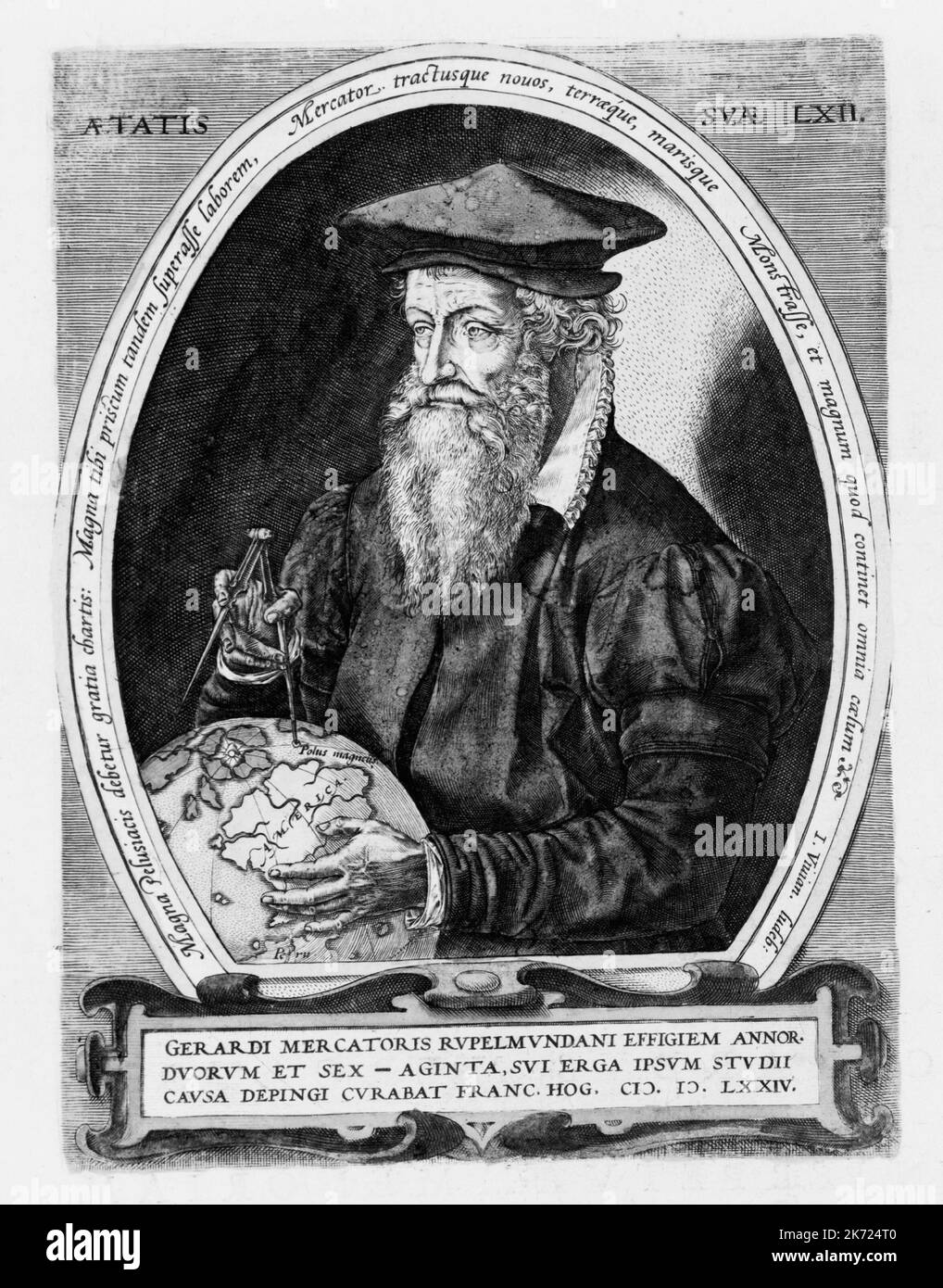 Ritratto di Gerardus Mercator o Gerard Mercator (1512-1594), cartografo fiammingo, raffigurato con il globo e la bussola, ca. 1595 Foto Stock