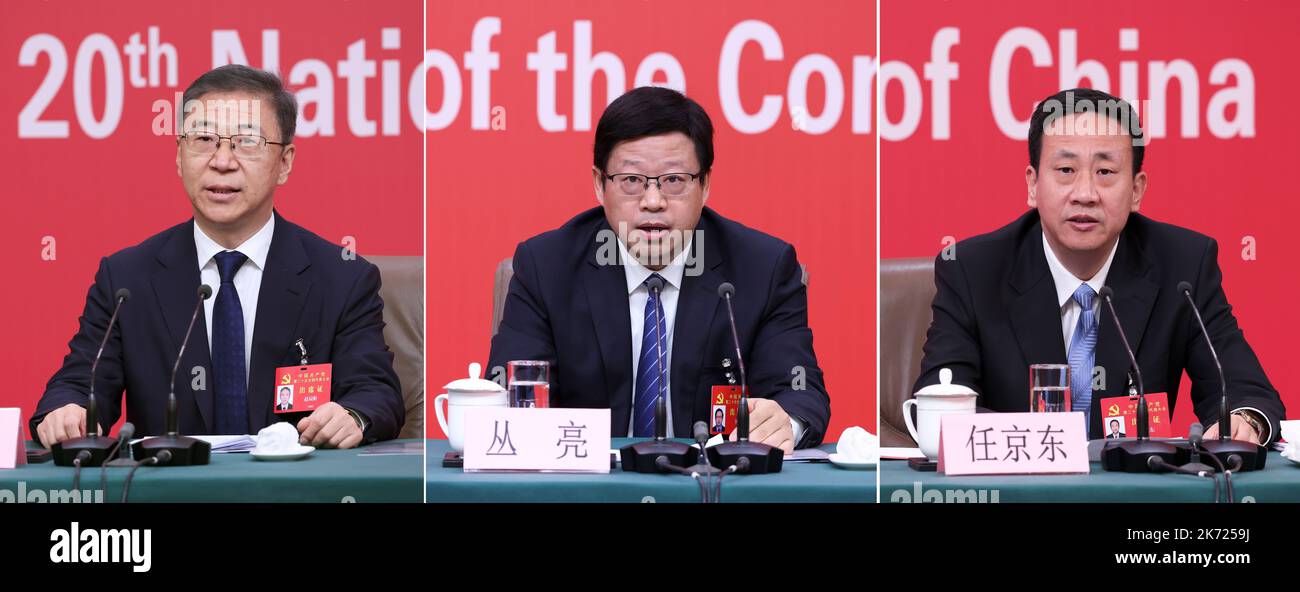 Pechino, Cina. 17th Ott 2022. Questa foto combinata mostra Zhao Chenxin, vicedirettore della Commissione Nazionale per lo sviluppo e la riforma, Cong Liang, capo dell'Amministrazione statale per i cereali e le riserve, E Ren Jingdong, vicedirettore della National Energy Administration, che partecipa a una conferenza stampa a margine del 20th° Congresso Nazionale del Partito Comunista Cinese (CPC) a Pechino, capitale della Cina, 17 ottobre 2022. Credit: Zhang Yuwei/Xinhua/Alamy Live News Foto Stock
