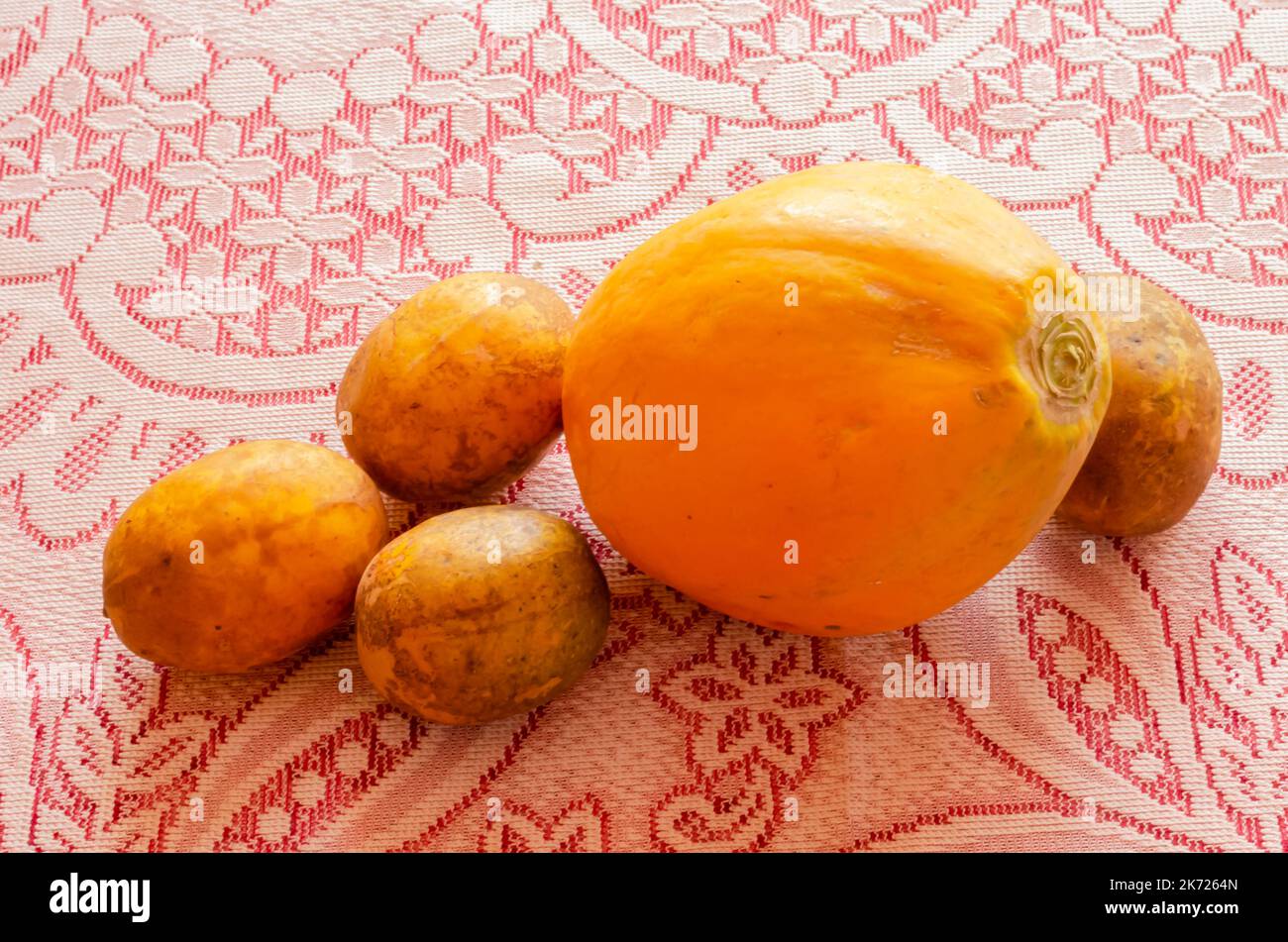 Una papaia e tre prugne di giugno sono su una tovaglia di pizzo rosso e bianco. Foto Stock