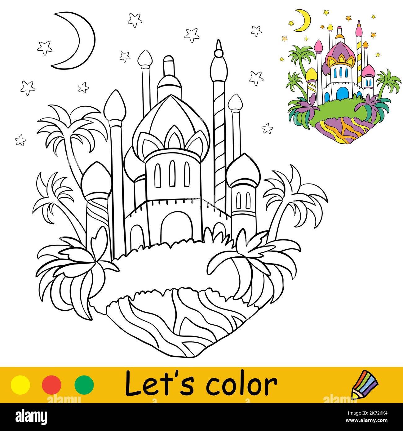 Cartone animato magico castello orientale su un'isola con palme. Pagina del libro da colorare con modello colorato per i bambini. Illustrazione con isolamento vettoriale. Per Co Illustrazione Vettoriale