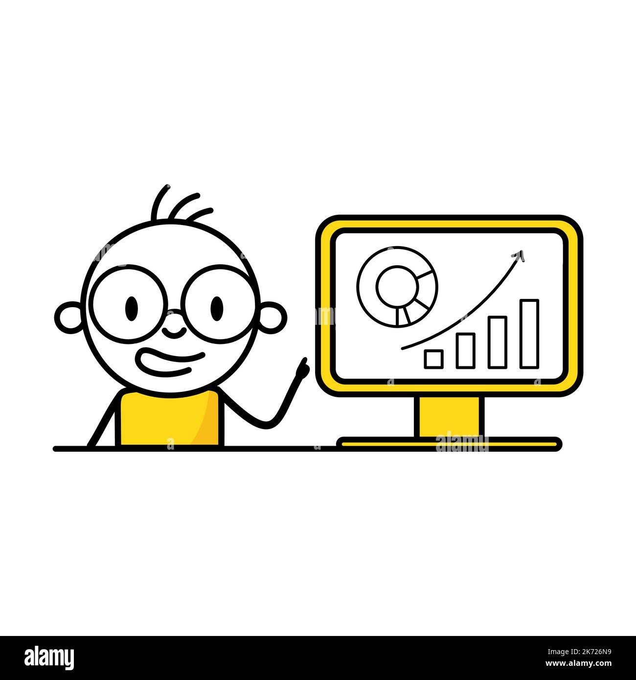 Man analizza i dati grafici e grafici, lavorando con la visualizzazione dei dati su computer. Concetto di analisi dei dati digitali. Illustrazione del vettore. Illustrazione Vettoriale