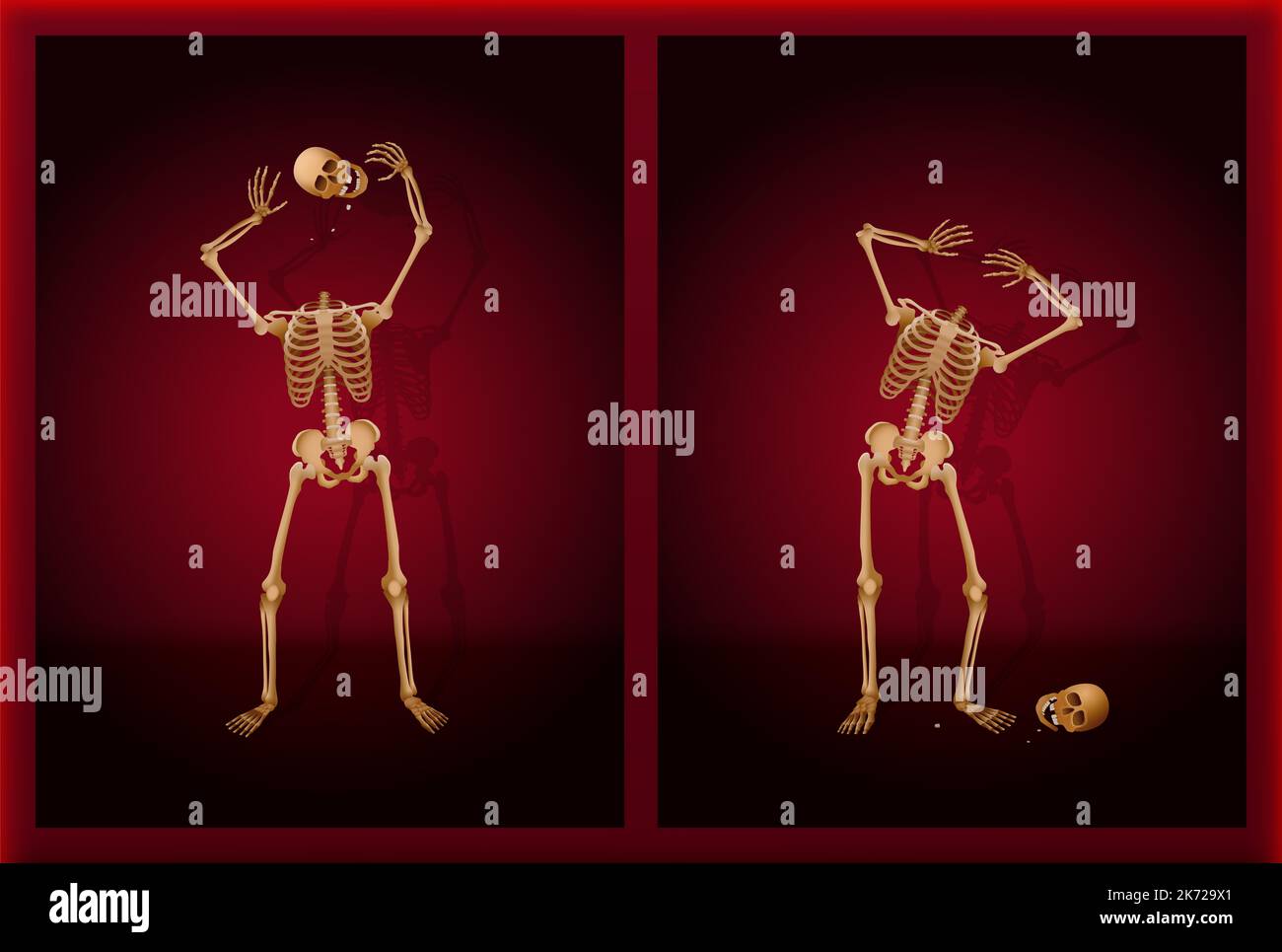 Scheletro giocolando il cranio e perdendo la testa durante un'esibizione di Halloween divertente, spaventosa e spaventosa su un palcoscenico teatrale. Foto Stock